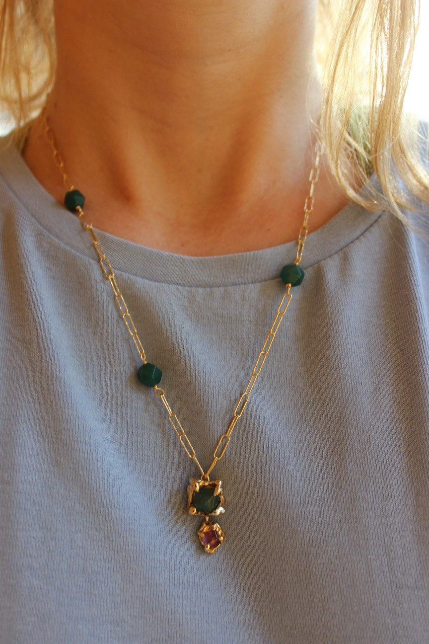 Miss Emerald. Naszyjnik z  naturalnymi agatami i ametystem 